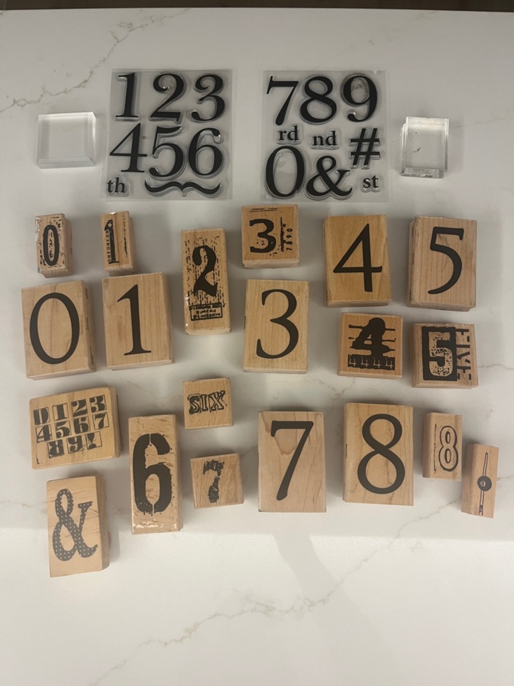 Lot of Wooden Number Stamps with extra unmounted stamps and 2 acrylic blocks